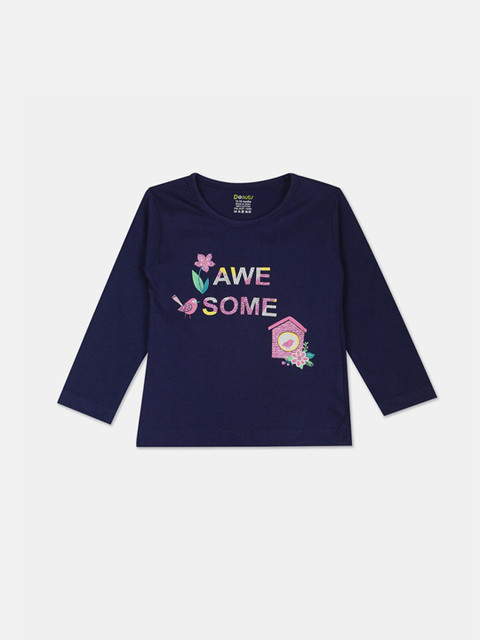 

Donuts Girls Navy Printed Round Neck Pure Cotton T-shirt, Navy blue