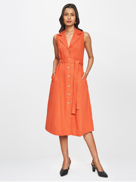 

AND Women Orange Solid Formal Shirt Midi Dress