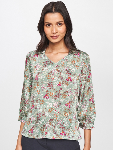 

AND Women Green & White Floral Print V Neck Top