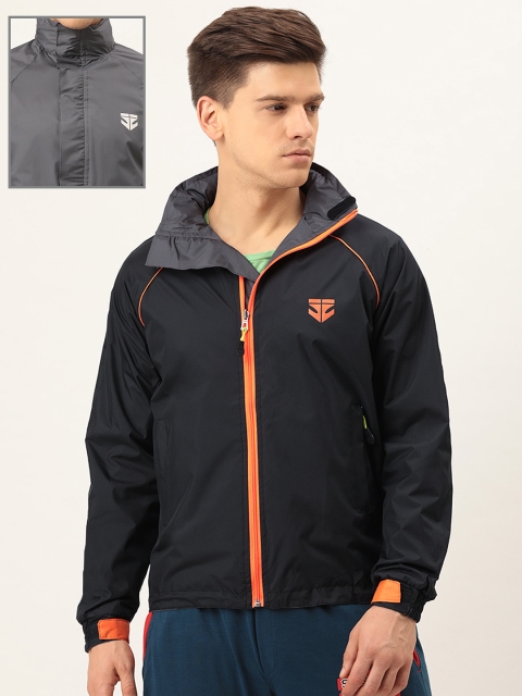 

Sports52 wear Men Navy Blue & Grey Reversible Solid Hooded Rain Jacket, Black
