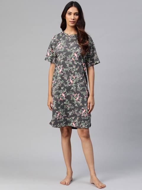 

Marks & Spencer Women Charcoal Grey Floral Print Sleep Shirt