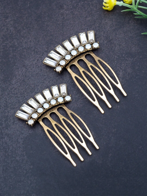

Golden Peacock Set of 2 Gold-Toned & White Embellished Comb Pin