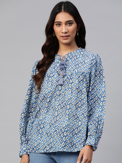 

Marks & Spencer Blue & White Tie-Up Neck Gathered A-Line Top