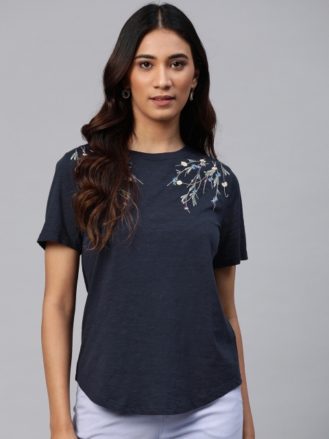 

Marks & Spencer Navy Blue & Green Floral Embroidered Cotton Regular Top