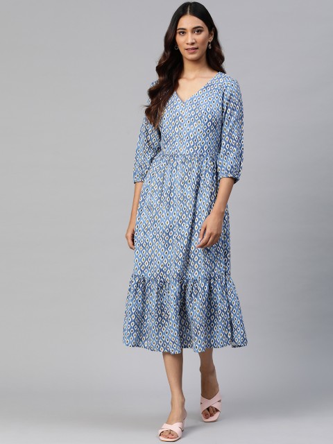 

Marks & Spencer Blue & White Ethnic Motifs Printed A-Line Midi Tiered Dress