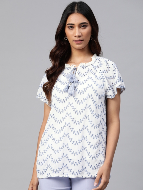 

Marks & Spencer White & Blue Embroidered Schiffli Regular Top