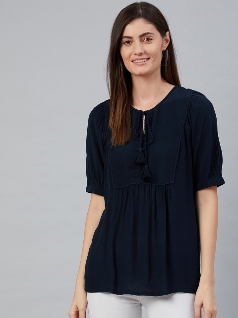 

Marks & Spencer Navy Blue Solid Tie-Up Neck Puff Sleeve Top