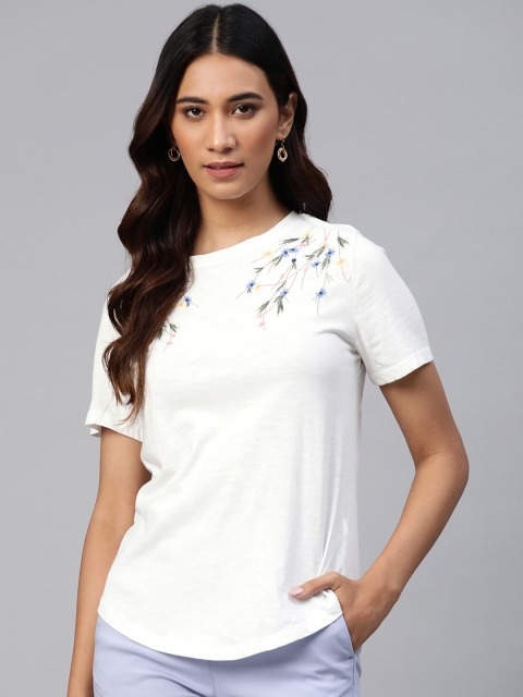

Marks & Spencer White & Blue Floral Embroidered Cotton Regular Top