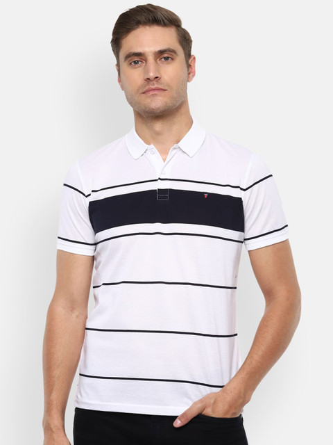 

Louis Philippe Sport Men White & Black Striped Polo Collar T-shirt