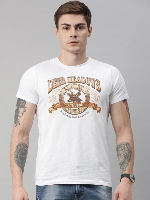 

QUANCIOUS Men White Printed Round Neck Sustainable T-shirt