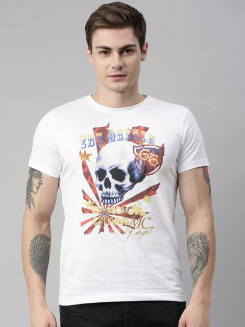 

QUANCIOUS Men White Printed Round Neck Sustainable T-shirt