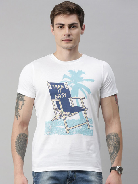 

QUANCIOUS Men White Printed Round Neck Sustainable Organic Cotton T-shirt