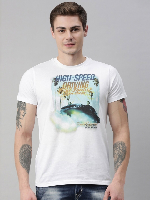

QUANCIOUS Men White Printed Organic Cotton Round Neck T-shirt