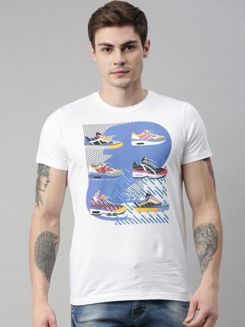 

QUANCIOUS Men White Printed Organic Cotton Round Neck T-shirt