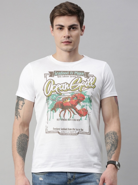 

QUANCIOUS Men White Printed Organic Cotton Round Neck T-shirt