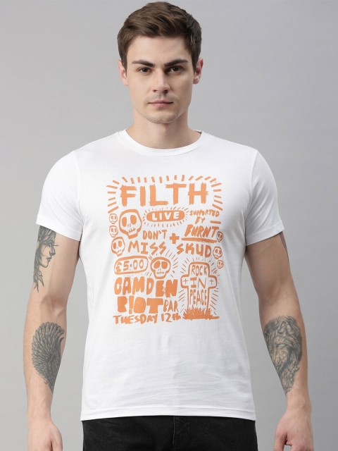 

QUANCIOUS Men White Printed Organic Cotton Round Neck T-shirt