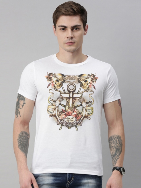 

QUANCIOUS Men White Printed Organic Cotton Round Neck T-shirt