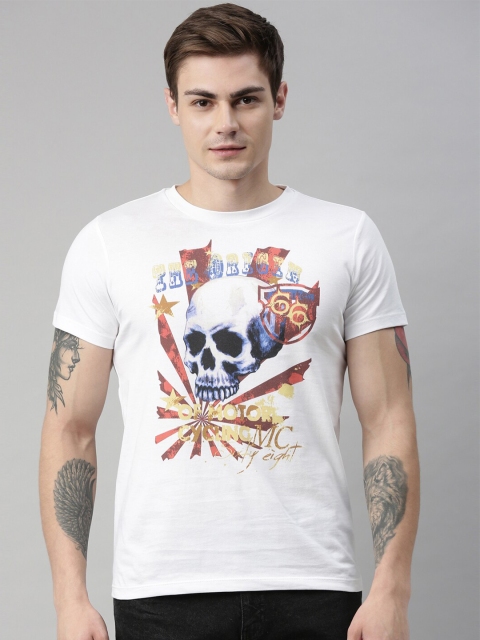 

QUANCIOUS Men White Printed Round Neck Sustainable Organic Cotton T-shirt