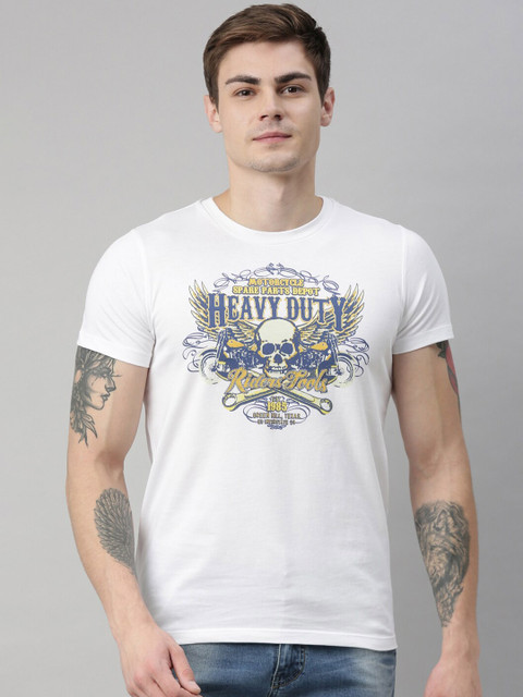 

QUANCIOUS Men White Printed Round Neck Sustainable T-shirt