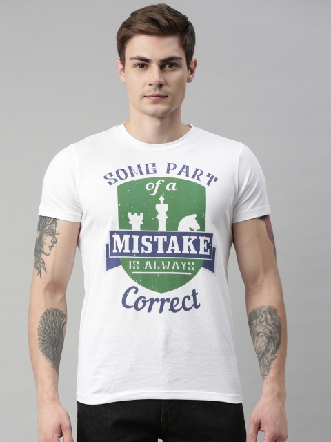 

QUANCIOUS Men White Printed Round Neck Organic Cotton T-shirt
