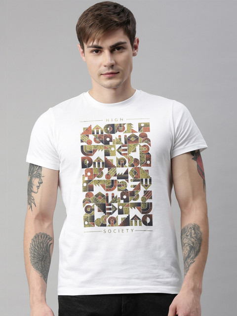 

QUANCIOUS Men White Printed Round Neck Sustainable Organic Cotton T-shirt