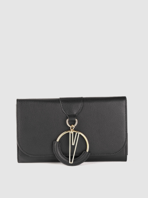

AND Women Black Solid Two Fold Wallet with Metallic Detail