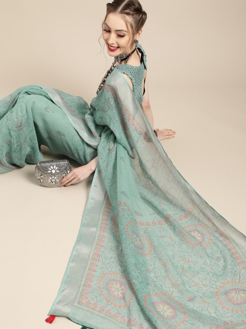 

Saree mall Floral Linen Blend Saree with Woven Design border, Green