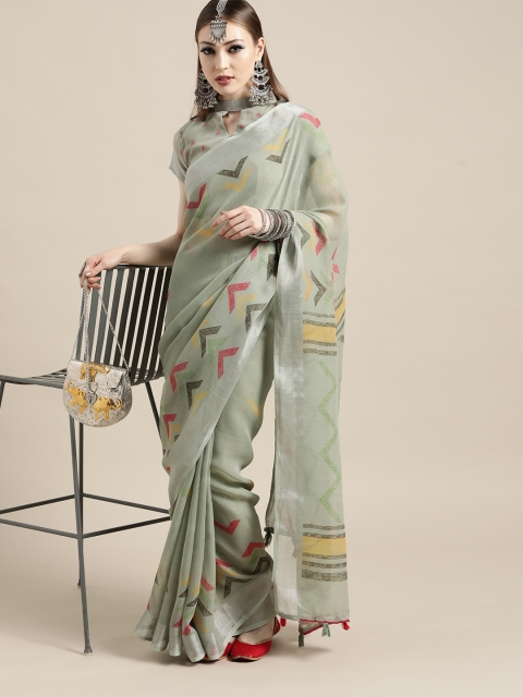 

Saree mall Geometric Linen Blend Saree with Printed border, Green