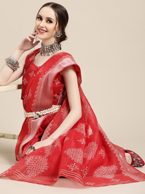 

Saree mall Ethnic Motifs Linen Blend Saree with Woven Design border, Red