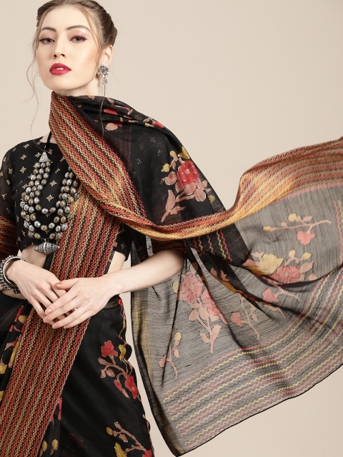 

Saree mall Ethnic Motifs Linen Blend Saree with Printed border, Black