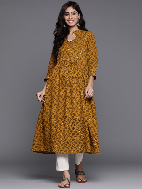 

Inddus Women Mustard Brown & Black Motifs Print Gathered Gotta Patti Gathered A-line Kurta