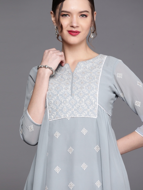 

Inddus Women Blue & White Ethnic Motifs Embroidered A-line Kurta