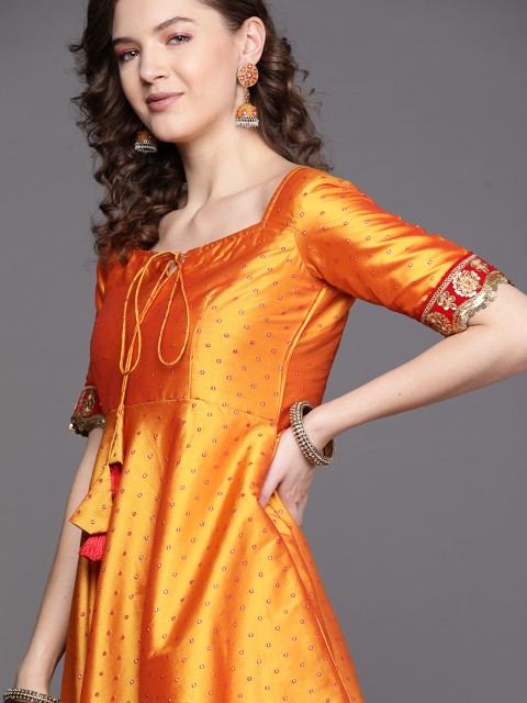 

Inddus Women Mustard Yellow & Red Embroidered Mirror Work Satin Finish A-line Kurta
