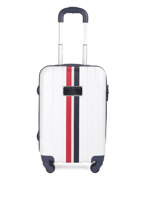 

Tommy Hilfiger Unisex White Striped Hard Luggage 4-Wheel Cabin Trolley Suitcase