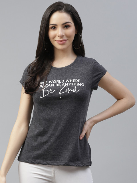 

Cayman Women Charcoal Grey Cotton Typography Printed T-shirt