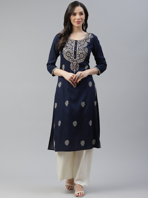 

Cayman Women Navy Blue & Off White Ethnic Motifs Printed Thread Work Kurta