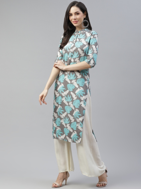 

Cayman Women Grey & Blue Leaf Printed Kurta