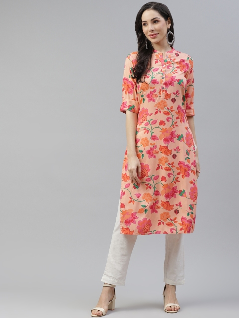 

Cayman Women Peach Coloutred & Pink Floral Printed Kurta