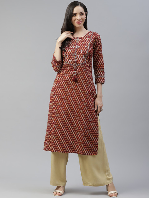 

Cayman Women Maroon & Orange Ethnic Motifs Printed Mirror Work Kurta