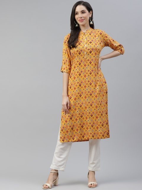 

Cayman Women Mustard Yellow & Pink Geometric Printed Kurta