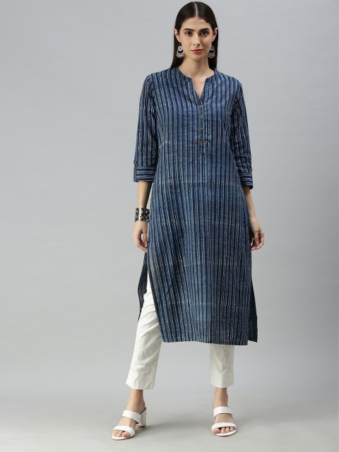 

AMUKTI Women Blue & White Striped Kurta