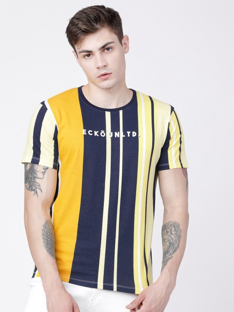

Ecko Unltd Men Yellow & Navy Blue Pure Cotton Striped Slim Fit Round Neck T-shirt