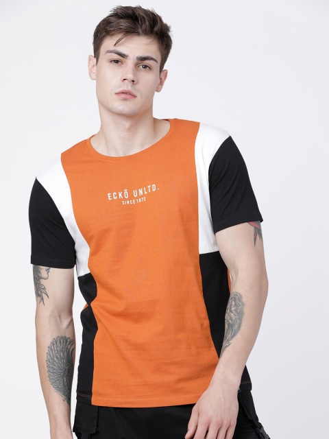 

Ecko Unltd Men Orange & White Pure Cotton Colourblocked Slim Fit Round Neck T-shirt