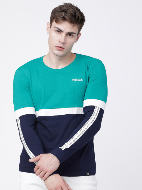 

Ecko Unltd Men Sea Green & Navy Blue Pure Cotton Colourblocked Slim Fit Round Neck T-shirt