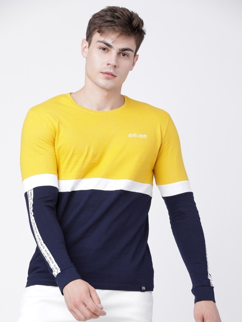 

Ecko Unltd Men Yellow & Navy Blue Pure Cotton Colourblocked Slim Fit Round Neck T-shirt