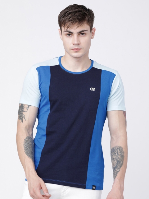 

Ecko Unltd Men Blue Pure Cotton Colourblocked Slim Fit Round Neck T-shirt