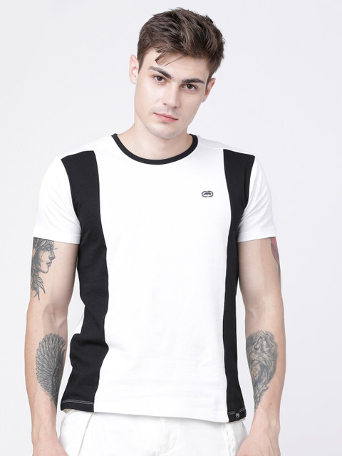 

Ecko Unltd Men White & Black Pure Cotton Colourblocked Round Neck Slim Fit T-shirt