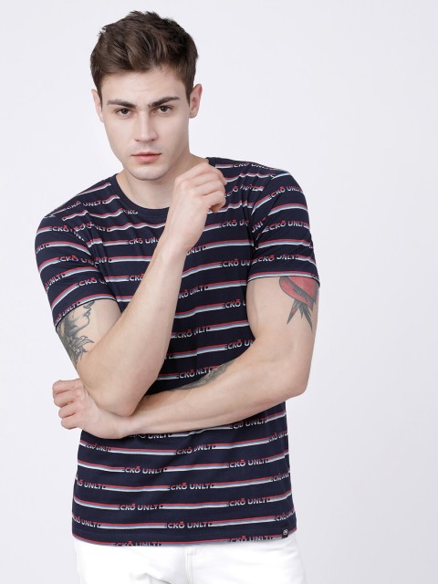 

Ecko Unltd Men Navy Blue & White Pure Cotton Striped Round Neck Slim Fit T-shirt