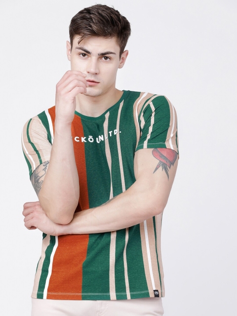 

Ecko Unltd Men Beige & Green Striped Round Neck T-shirt