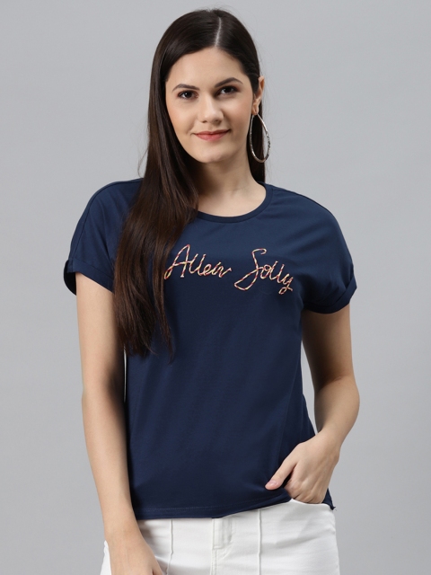 Allen Solly Woman Navy Blue Brand Logo Printed Slim Fit T-shirt